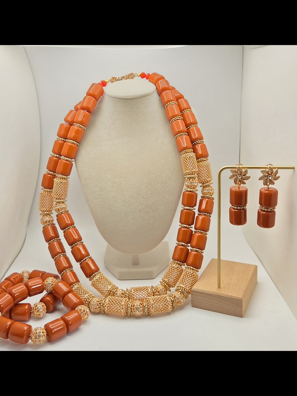 Traditional Nigerian Bridal "Coral" Jewelry Set | Resin & Gold Tone